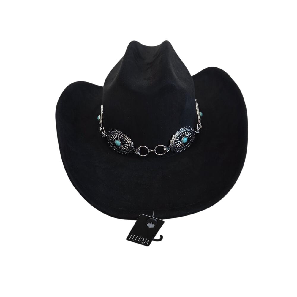 Boutique Western Black Cowboy Hat with Faux Turquoise & Silver Concho Band - Picture 4 of 7